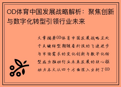 OD体育中国发展战略解析：聚焦创新与数字化转型引领行业未来